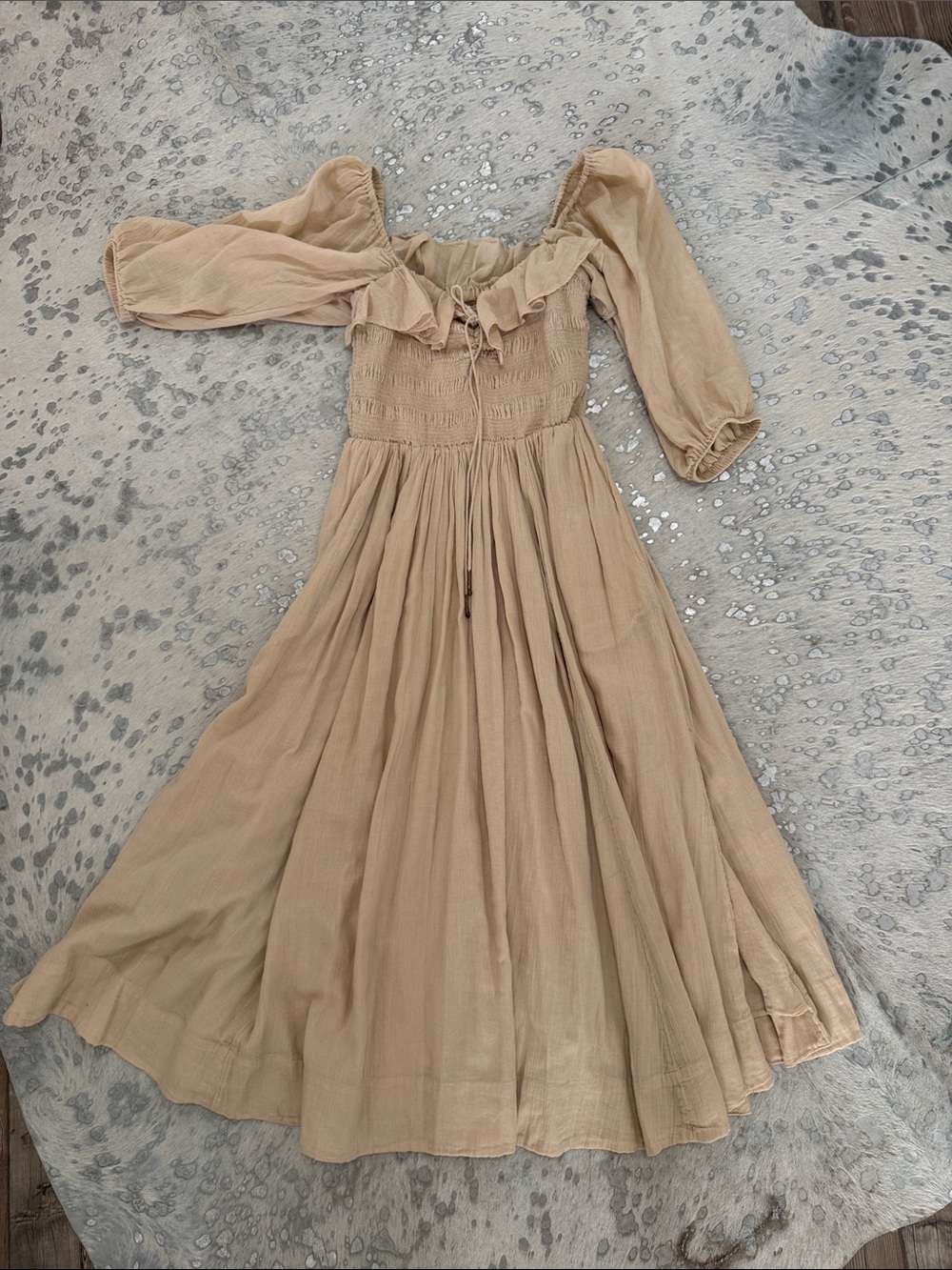 Free People Beige Off-Shoulder Smocked Maxi Dress
